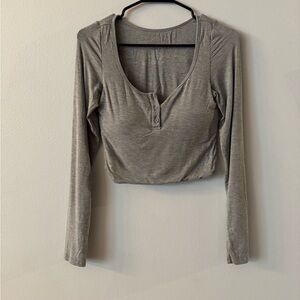 Klassy Network Gray Long Sleeve Henley Crop Top